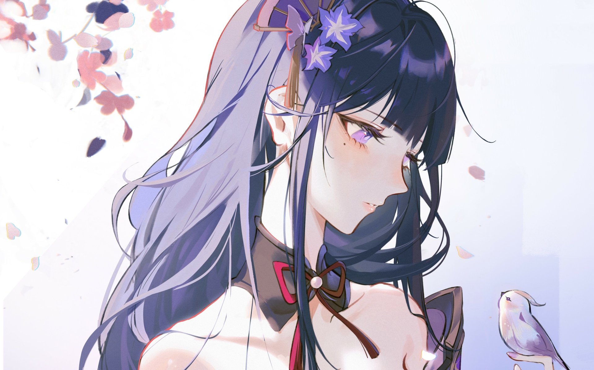 Baal Raiden Shogun from Genshin Impact in detailed 4K Ultra HD artwork, featured as a PC desktop wallpaper with soft floral and bird elements.