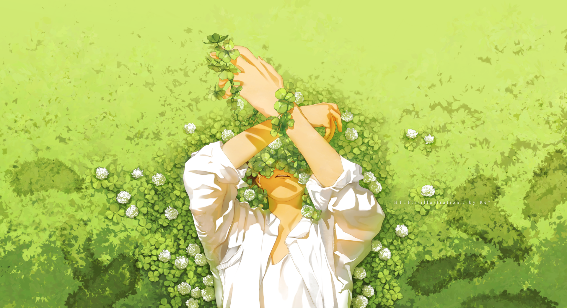HD PC desktop wallpaper and background of an anime boy in a white shirt lying in vibrant green foliage, arms crossed over his face and entwined with small flowering vines.