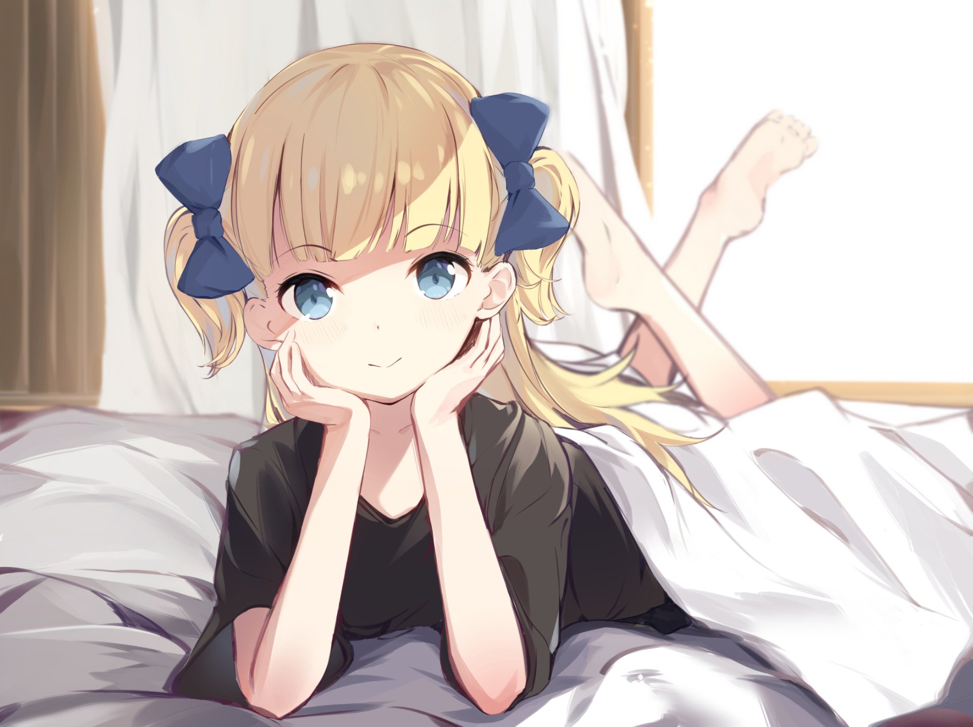 Emilico from Shadows House lying on a bed, smiling with blonde twin-tails and blue bows, bright blue eyes — anime HD PC desktop wallpaper and background.