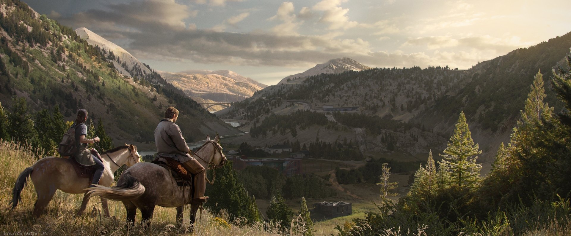 Scenic HD PC desktop wallpaper from The Last of Us Part II featuring a character on horseback overlooking a vast mountainous landscape at sunset.