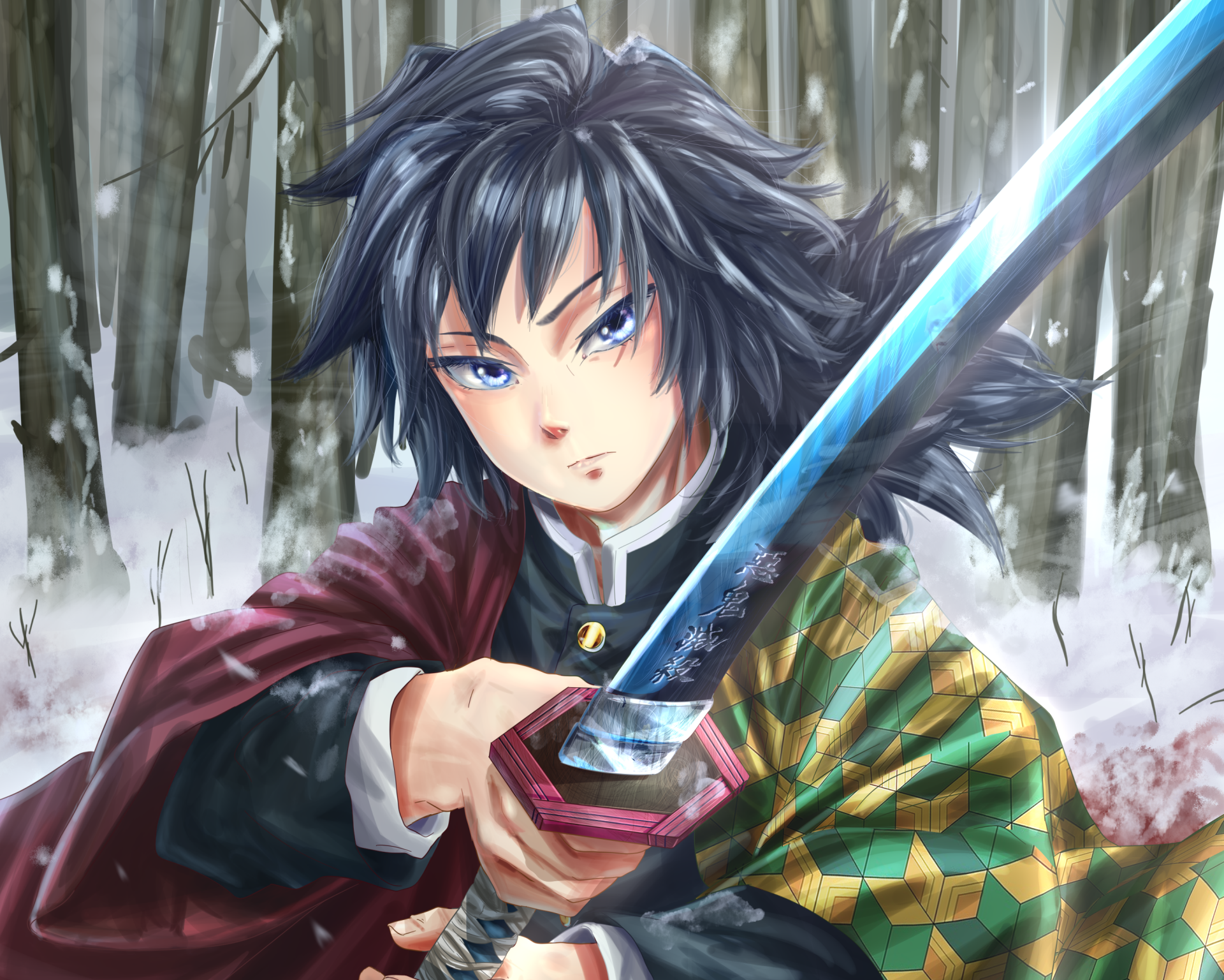 Giyuu Tomioka from Demon Slayer: Kimetsu no Yaiba, ready with blade in a snowy bamboo forest — 2K Quad HD anime PC wallpaper.