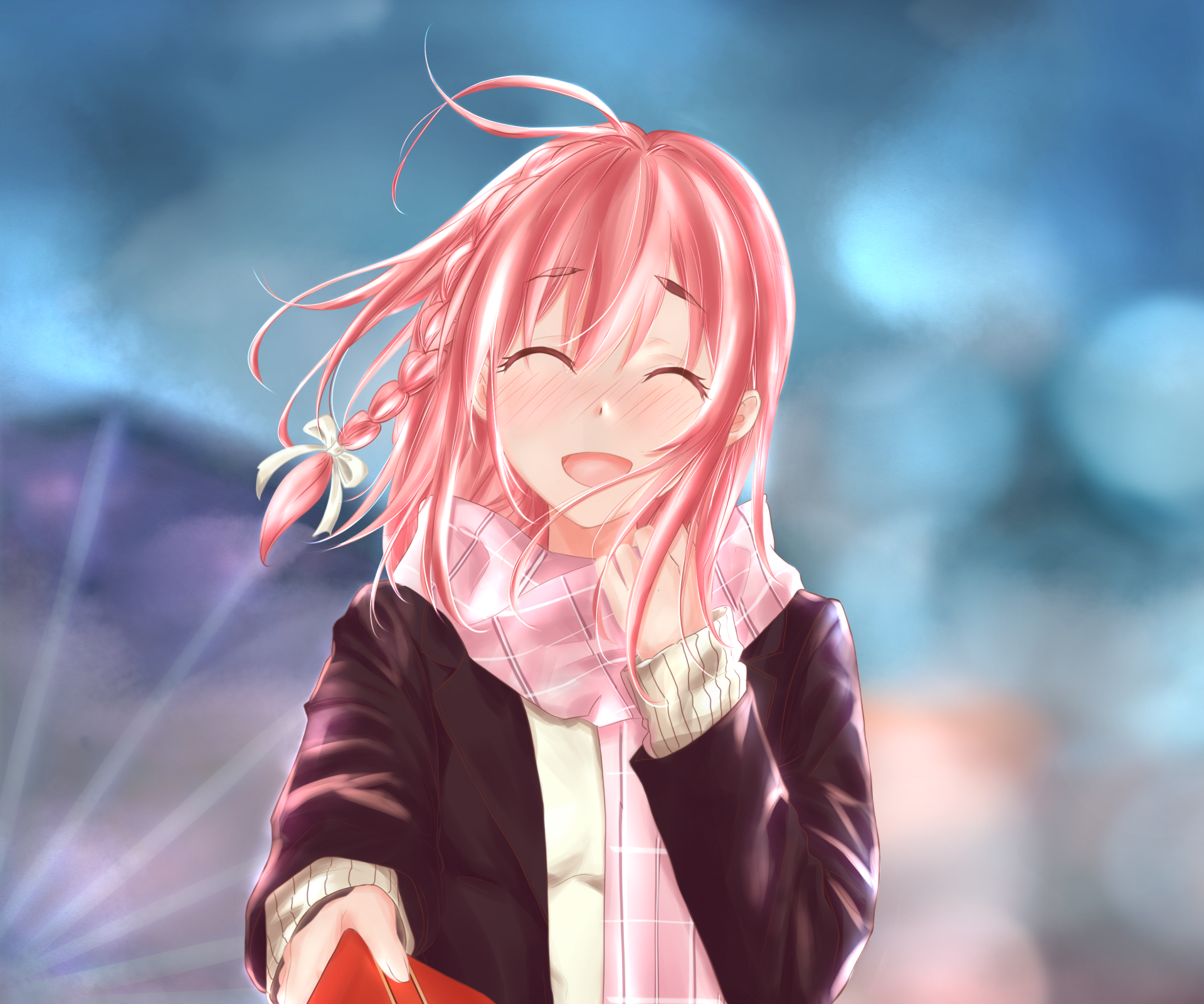 Smiling Sumi Sakurasawa from Rent-A-Girlfriend: pink-haired anime girl in a scarf and coat, wind-tousled hair against a soft bokeh sky — 2K Quad HD PC desktop wallpaper/background.