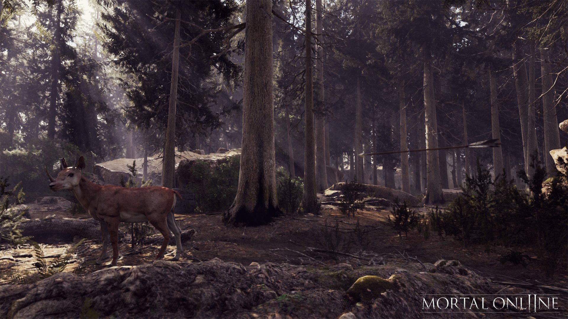 HD desktop wallpaper featuring a serene forest scene from Mortal Online 2, with sunlight filtering through the trees and a deer in the foreground.