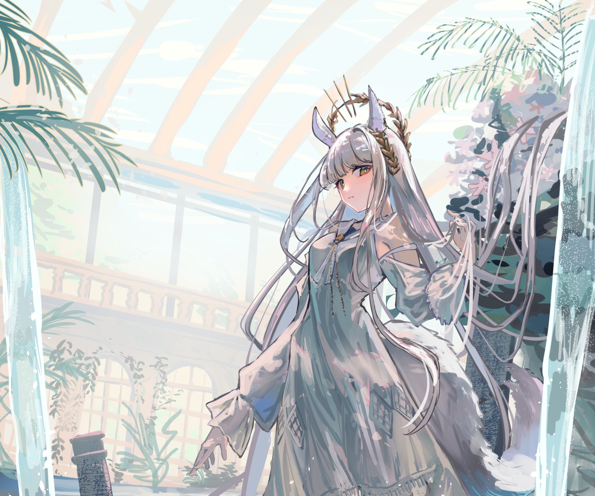 HD PC desktop wallpaper/background of Platinum (Arknights) from the video game Arknights — silver‑haired, horned operator in a flowing gown standing in a sunlit glass conservatory with palms.