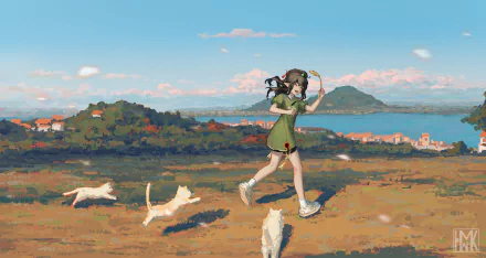 outdoor coast kitten illustration Anime girl anime girl HD Desktop Wallpaper | Background Image