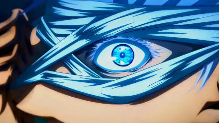 Close-up of Satoru Gojo's vibrant blue eye from Jujutsu Kaisen in an HD anime-style desktop wallpaper.