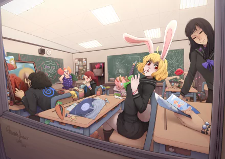 HD PC desktop wallpaper featuring Carrot from the anime One Piece in a lively classroom scene with other characters.