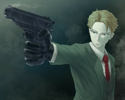 Loid Forger (Spy x Family) in anime style, aiming a handgun with a focused stare against a smoky dark backdrop — 2K Quad HD PC desktop wallpaper/background.