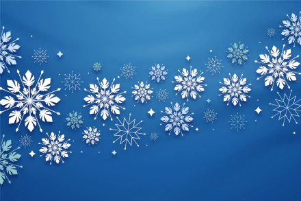 Artistic snowflake pattern on a smooth blue gradient, white and icy-blue flakes drifting across a 2K Quad HD PC desktop wallpaper background.