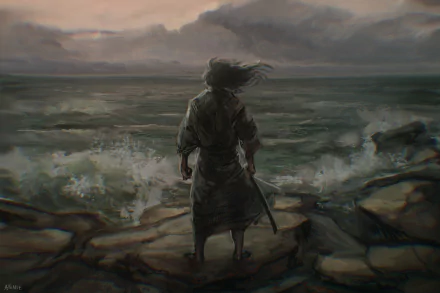 Anime-style HD desktop wallpaper depicting a lone vagabond standing on rocky shores against a stormy sea and dark, cloudy sky.