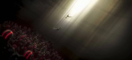 5K Ultra HD wallpaper of Clint Barton (Hawkeye) from Marvel's What If... Episode 8 TV show: two silhouetted archers falling through a beam of light toward a packed arena.