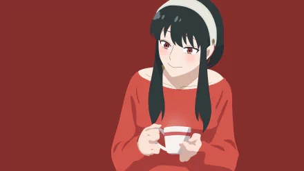 Yor Forger from Spy x Family — anime 4K Ultra HD PC desktop wallpaper: she holds a cup, wearing a red sweater and headband against a deep red background.
