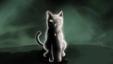 HD PC desktop wallpaper of a glowing gray cat with green eyes sitting on a dark surface amid misty green shadows — artwork from the video game In Sound Mind
