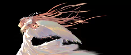 Ultimate Madoka (Madoka Kaname) — Puella Magi Madoka Magica anime: flowing hair and luminous angelic wings on a black background. 2K Quad HD PC desktop wallpaper.