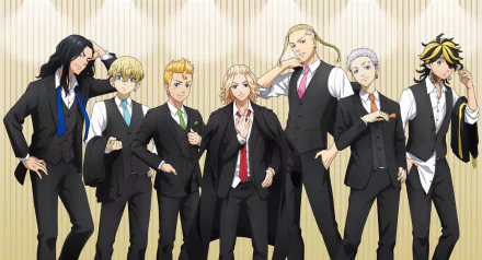 HD PC desktop wallpaper featuring Ken Ryuguji, Takemichi Hanagaki, and Mikey Manjiro Sano from the anime Tokyo Revengers, dressed in sleek black suits.