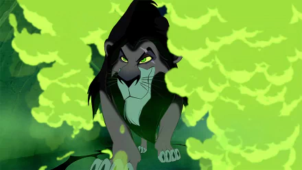 Scar from Disney's The Lion King (1994) is shown with a menacing expression against a vibrant green background in this 4K Ultra HD PC desktop wallpaper.