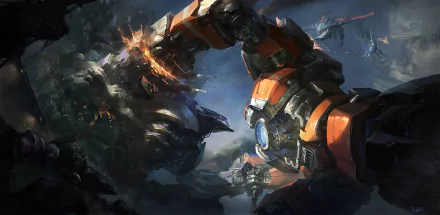 An HD desktop wallpaper featuring intense combat among mecha versions of Kha'Zix, Sion, and Malphite from the video game League of Legends. Dark, dynamic action scene with dramatic lighting.