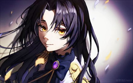 HD PC desktop wallpaper: anime portrait of Dominique de Sade from The Case Study of Vanitas — long black hair, golden eyes, ornate dark outfit with a purple gem and a soft glowing background.