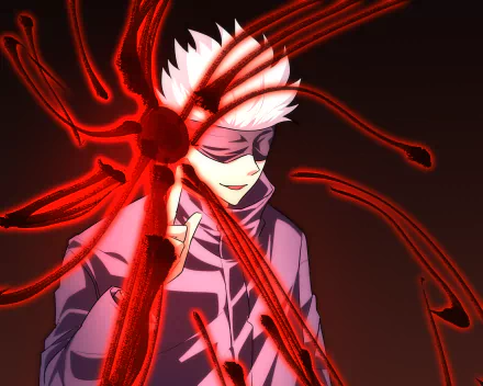 HD PC desktop wallpaper featuring Satoru Gojo from the anime Jujutsu Kaisen with vibrant red energy tendrils surrounding him.