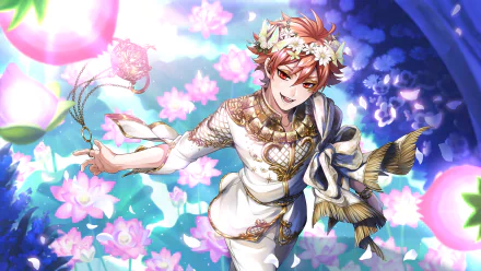 HD PC desktop wallpaper of Ace Trappola from the video game Twisted Wonderland — red-haired figure in ornate white robes and flower crown reaching out amid glowing pink lotus blossoms.