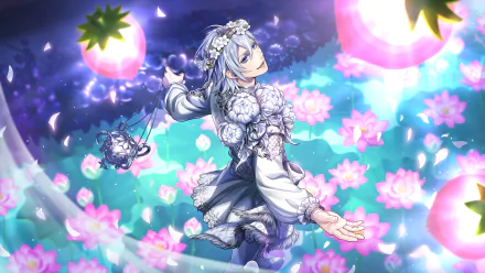 HD PC desktop wallpaper and background featuring Silver (Twisted Wonderland) from the video game, floating amid glowing lotuses and petals in ornate white floral attire.
