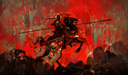 HD fantasy PC desktop wallpaper featuring a knight in dark armor wielding a lance, riding a horse against a dramatic red and smoky background.