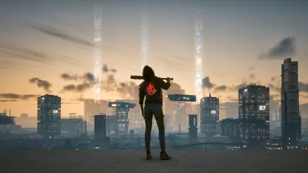 Cyberpunk 2077 video game 4K Ultra HD PC desktop wallpaper and background: silhouetted figure with glowing jacket stands on a rooftop, overlooking a neon-lit futuristic city at sunset.