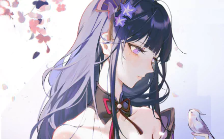 Baal Raiden Shogun from Genshin Impact in detailed 4K Ultra HD artwork, featured as a PC desktop wallpaper with soft floral and bird elements.