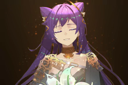 Keqing (Genshin Impact) portrait — 2K Quad HD PC desktop wallpaper: purple-haired, cat-eared heroine in ornate armor, eyes closed amid glowing particles.