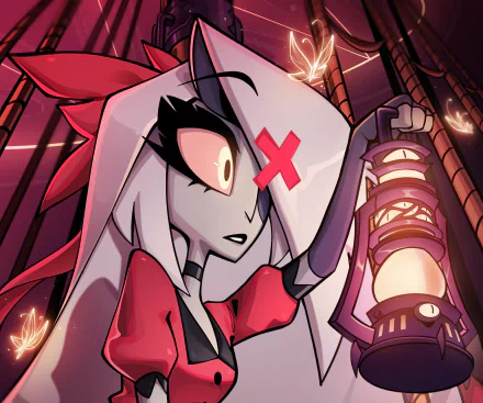 HD desktop wallpaper featuring Vaggie from the TV show Hazbin Hotel, showcasing her intense expression and a lantern in a dark, stylized setting.
