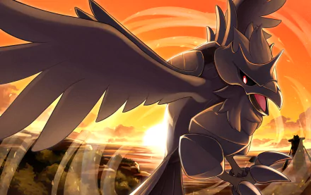 Corviknight (Pokémon) from Sword & Shield soars across a glowing sunset over rolling hills — dramatic HD PC desktop wallpaper background.