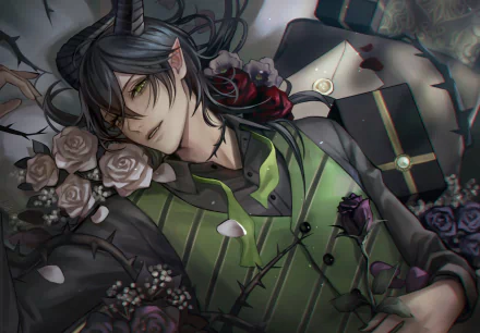 Malleus Draconia, video game character from Twisted Wonderland, reclines among dark roses in a green-striped outfit with golden eyes — HD PC desktop wallpaper/background, moody gothic portrait.