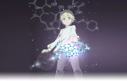 Falma de Médicis from the anime Parallel World Pharmacy stands center, glowing molecular structures swirling from his hands against a dark gradient, 2K Quad HD PC desktop wallpaper/background.