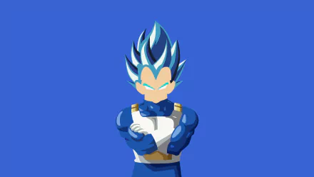HD PC desktop wallpaper of Vegeta (Dragon Ball Z) in anime-style minimalist vector art, arms crossed with glowing blue hair and Saiyan armor against a solid blue background.
