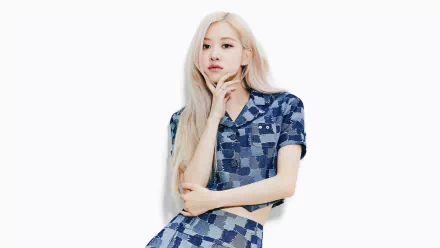 HD desktop wallpaper featuring Rosé from BlackPink, showcasing her with long blonde hair in a blue checkered outfit against a plain white background.