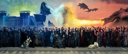 4K Ultra HD Game of Thrones desktop wallpaper featuring Cersei Lannister, Jon Snow, Arya Stark, Tyrion Lannister, dragons, and the Iron Throne at sunset.