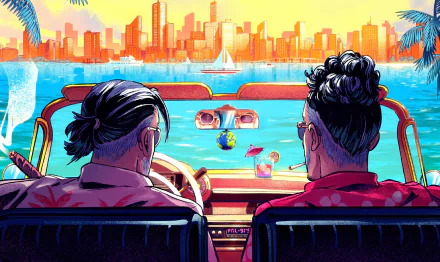 HD PC desktop wallpaper featuring an illustrated scene of two individuals in a car overlooking a vibrant city skyline and water, tagged with music and PNL.
