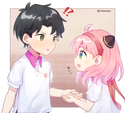 Anya Forger and Damian Desmond from Spy x Family in anime style, facing each other with soft pastel tones — 2K Quad HD PC desktop wallpaper/background.