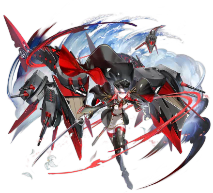 Seydlitz (Azur Lane) anime HD PC desktop wallpaper/background: dynamic battle pose with black mechanical wings, red ribbons and sword against a swirling stormy sky.