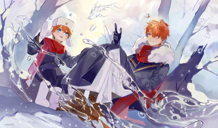 4K Ultra HD PC wallpaper of Teucer and Tartaglia (Childe) from the video game Genshin Impact, in winter coats sliding through snow and splashing water in a dynamic anime-style scene