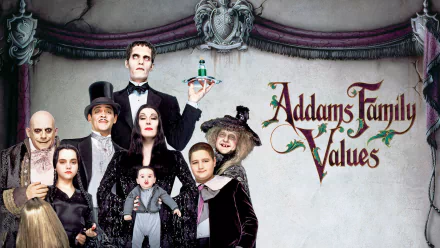 HD PC desktop wallpaper featuring the cast of the movie Addams Family Values in a gothic, dark-themed setting with the movie title prominently displayed.