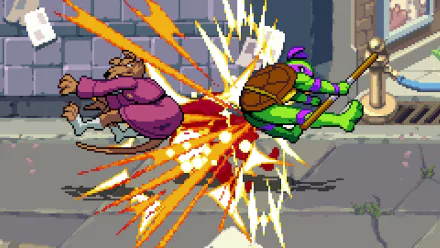 An action-packed scene from the game Teenage Mutant Ninja Turtles: Shredder's Revenge, featuring a ninja turtle delivering a powerful kick to an enemy, set against a vibrant urban background.