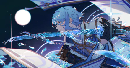 HD PC desktop wallpaper featuring Kamisato Ayato from the video game Genshin Impact, wielding a sword with glowing water effects against a dark, dynamic background.