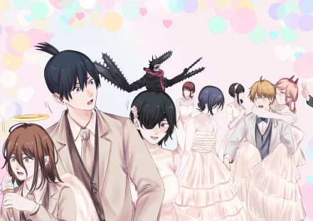Anime-style Chainsaw Man characters dressed in formal attire, set against a pastel background with soft heart and circle motifs, designed as an HD PC desktop wallpaper.