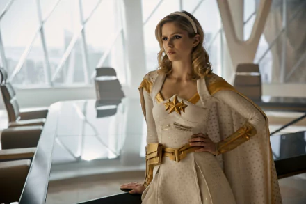 HD desktop wallpaper of Starlight from The Boys (2019), standing in a white-and-gold superhero costume in a bright modern boardroom.