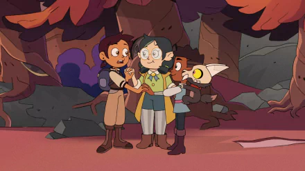 HD PC desktop wallpaper background of King Clawthorne, Willow Park, Gus Porter, and Luz Noceda from the TV show The Owl House standing together in a forest clearing.