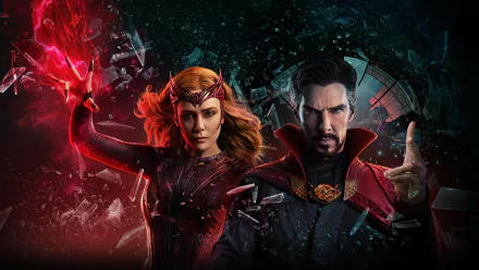 4K Ultra HD wallpaper featuring Scarlet Witch (Elizabeth Olsen) and Doctor Strange (Benedict Cumberbatch) from the movie Doctor Strange in the Multiverse of Madness.