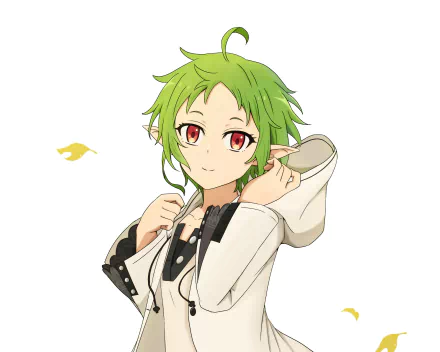 HD PC wallpaper of Sylphiette from Mushoku Tensei: Jobless Reincarnation — green-haired anime girl with red eyes in a white hoodie, smiling on a clean white background.