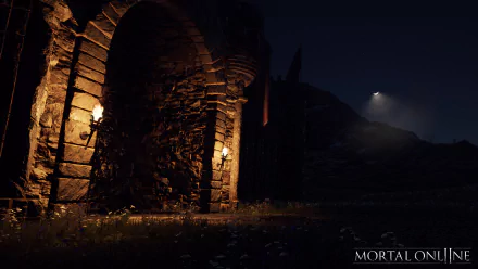 Mortal Online 2 HD wallpaper featuring a mysterious ancient archway at night with atmospheric lighting
