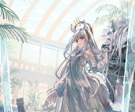 HD PC desktop wallpaper/background of Platinum (Arknights) from the video game Arknights — silver‑haired, horned operator in a flowing gown standing in a sunlit glass conservatory with palms.